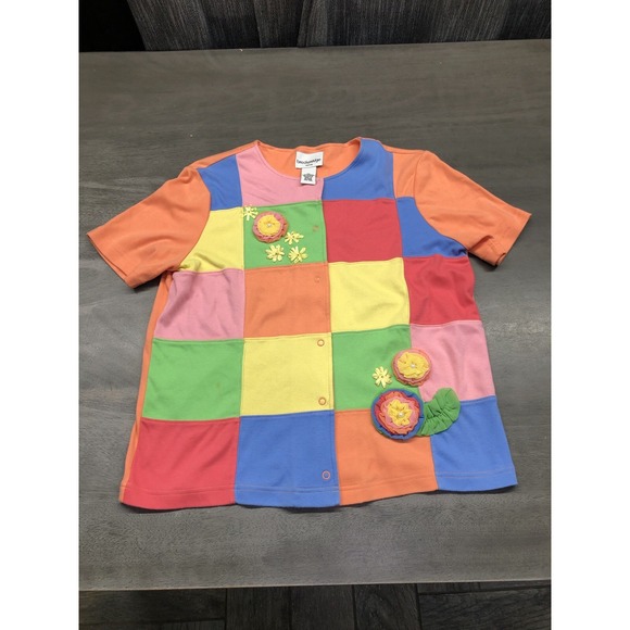 Breckenridge womens Pm snap button colorblock flowers blouse short sleeve - Picture 1 of 10